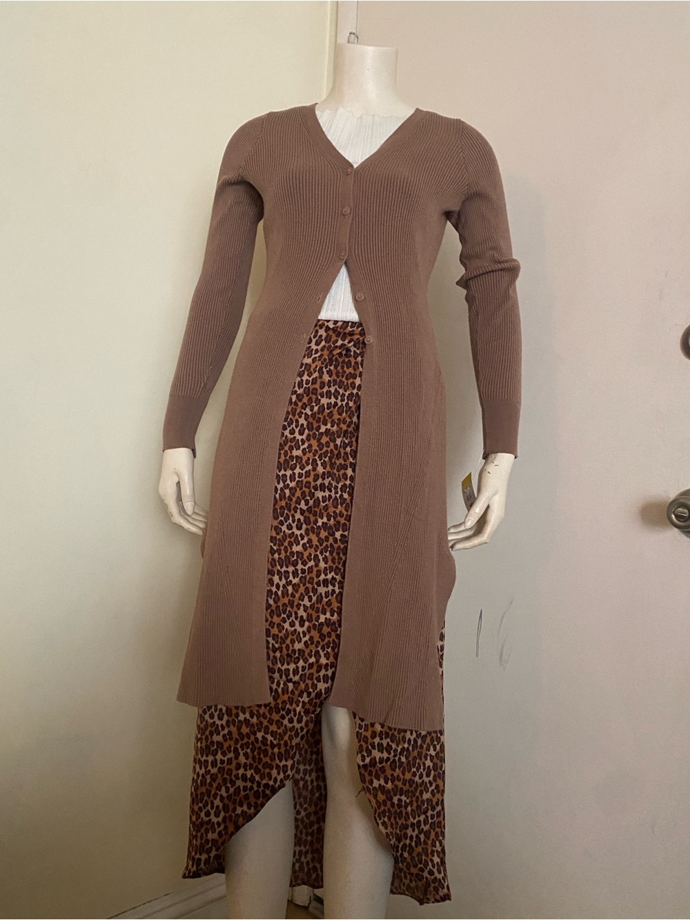 Long Brown Ribbed Partial Button Cardigan